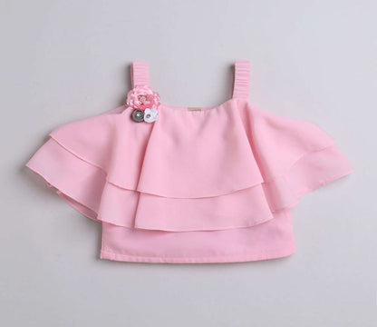 The Magic Wand Layered Strappy Ruffel Top With Chex Pleated Skirt Set Pink