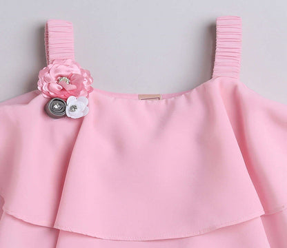 The Magic Wand Layered Strappy Ruffel Top With Chex Pleated Skirt Set Pink