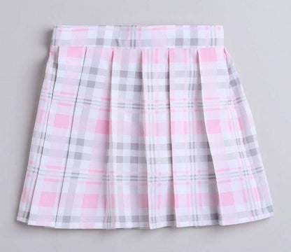 The Magic Wand Layered Strappy Ruffel Top With Chex Pleated Skirt Set Pink