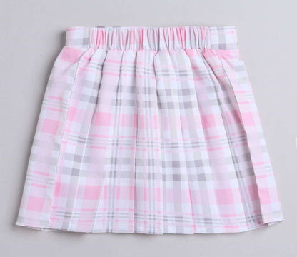 The Magic Wand Layered Strappy Ruffel Top With Chex Pleated Skirt Set Pink