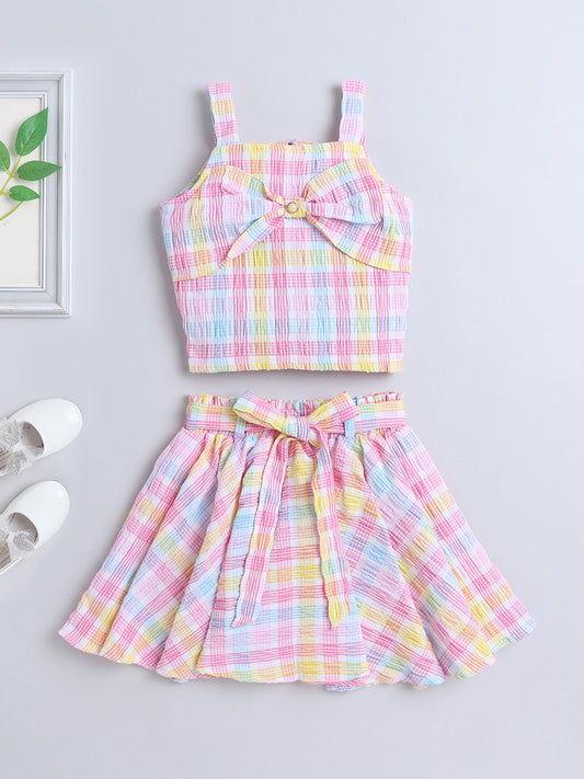 Strappy Checked with Knotted Bow Top and Skirt Set Applique Pink