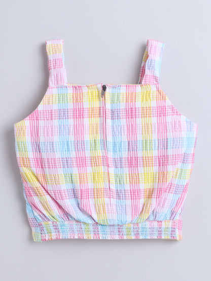 Strappy Checked with Knotted Bow Top and Skirt Set Applique Pink
