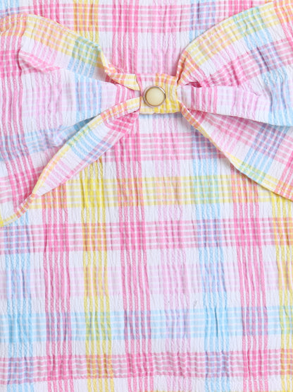 Strappy Checked with Knotted Bow Top and Skirt Set Applique Pink