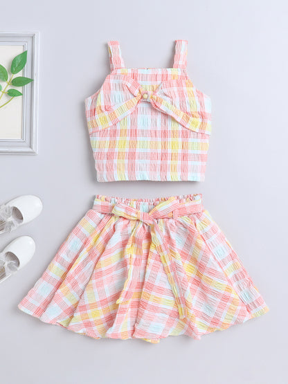 Strappy Checked Top and Skirt Set With Knotted Bow Applique for Girls Peach
