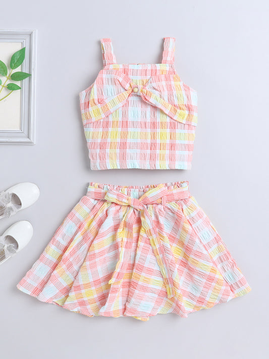 Strappy Checked Top and Skirt Set With Knotted Bow Applique for Girls Peach