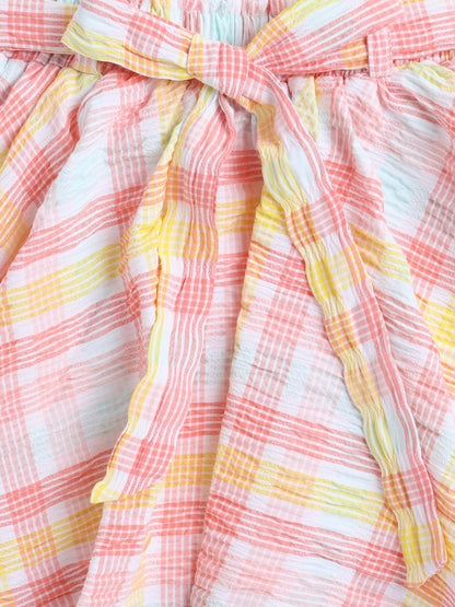 Strappy Checked Top and Skirt Set With Knotted Bow Applique for Girls Peach