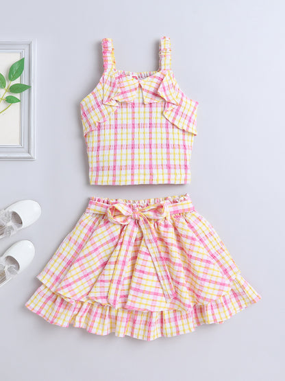 The Magic Wand Strappy Checked Top and Skirt Set With Knotted Bow Applique-Pink