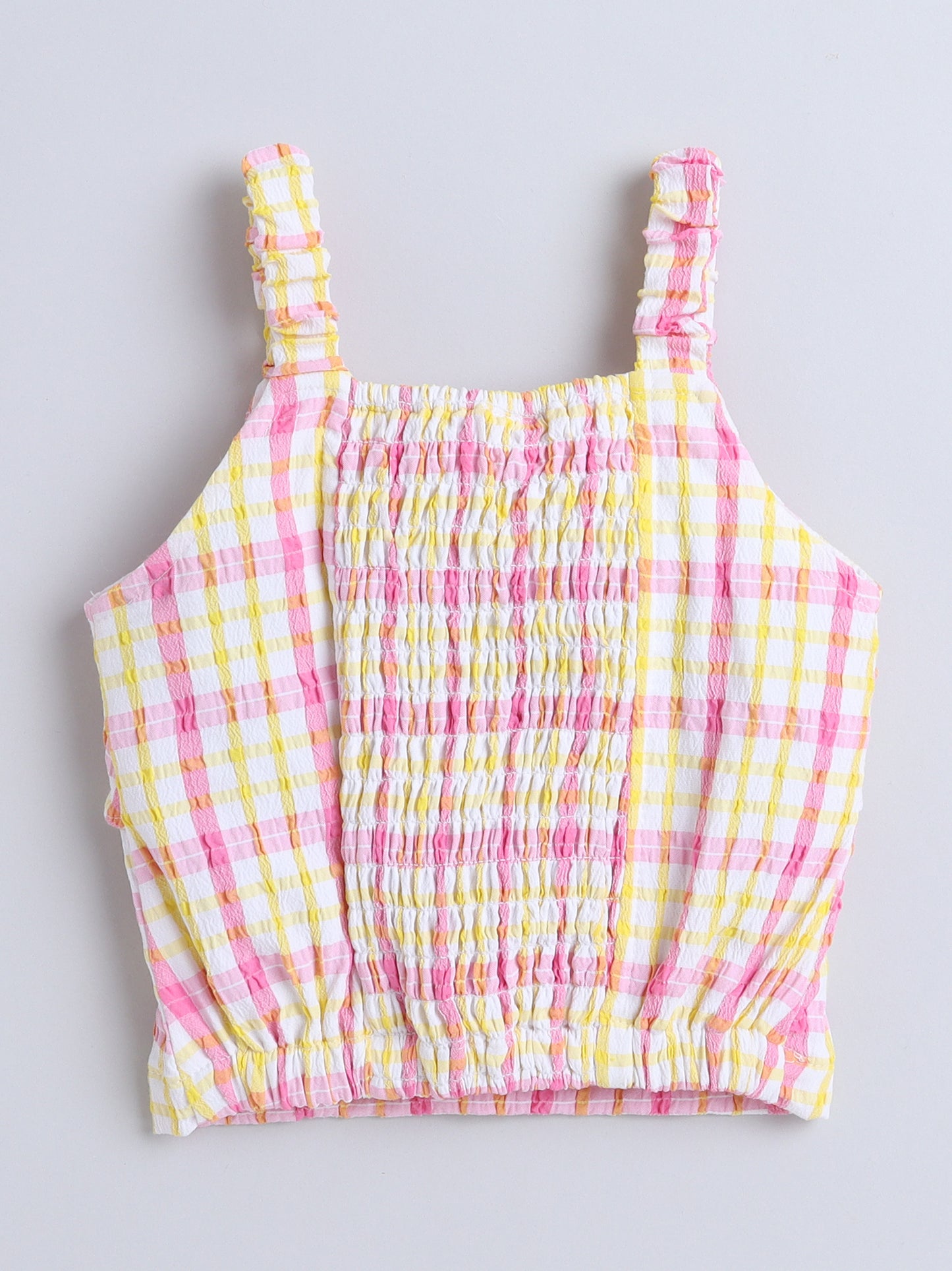 The Magic Wand Strappy Checked Top and Skirt Set With Knotted Bow Applique-Pink
