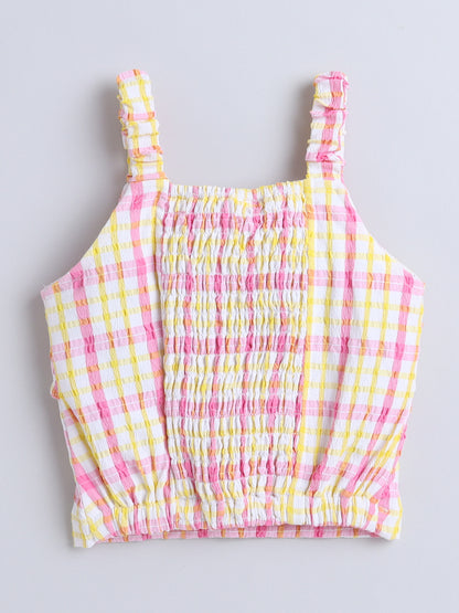 The Magic Wand Strappy Checked Top and Skirt Set With Knotted Bow Applique-Pink