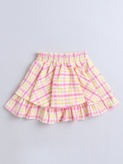Strappy Checked Top and Skirt Set With Knotted Bow Applique Pink