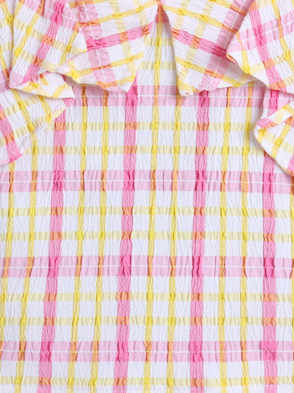 Strappy Checked Top and Skirt Set With Knotted Bow Applique Pink