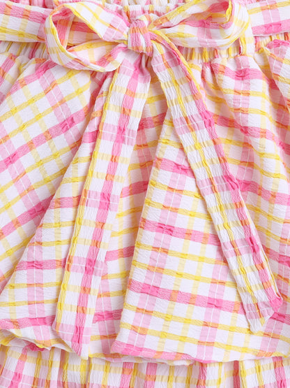 The Magic Wand Strappy Checked Top and Skirt Set With Knotted Bow Applique-Pink