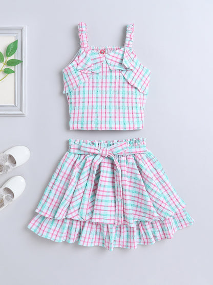 Strappy Checked Top and Skirt Set With Knotted Bow Applique Green
