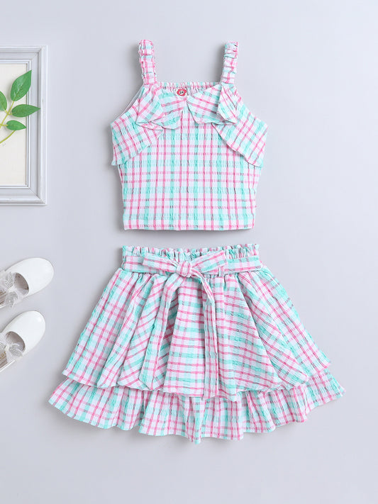 Strappy Checked Top and Skirt Set With Knotted Bow Applique Green