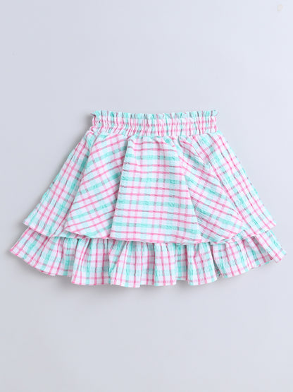 Strappy Checked Top and Skirt Set With Knotted Bow Applique Green