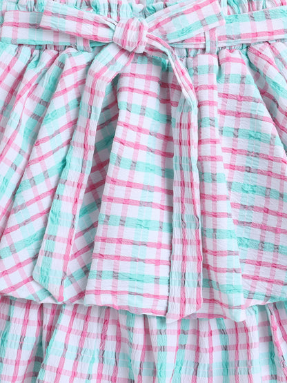 Strappy Checked Top and Skirt Set With Knotted Bow Applique Green