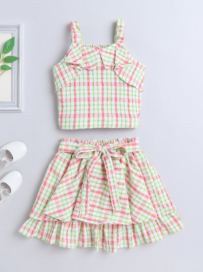 Strappy Checked Top and Skirt Set With Knotted Bow Applique Peach