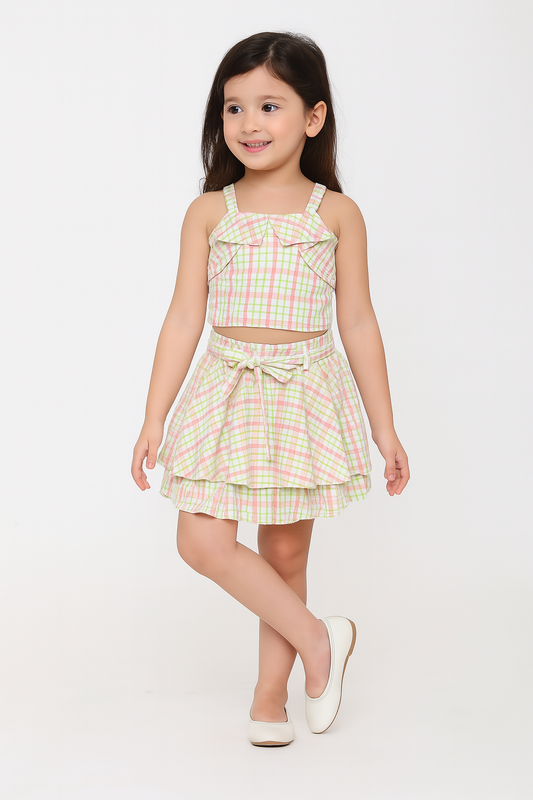 Strappy Checked Top and Skirt Set With Knotted Bow Applique Peach