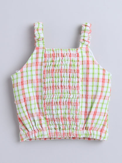 Strappy Checked Top and Skirt Set With Knotted Bow Applique Peach