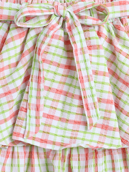 Strappy Checked Top and Skirt Set With Knotted Bow Applique Peach