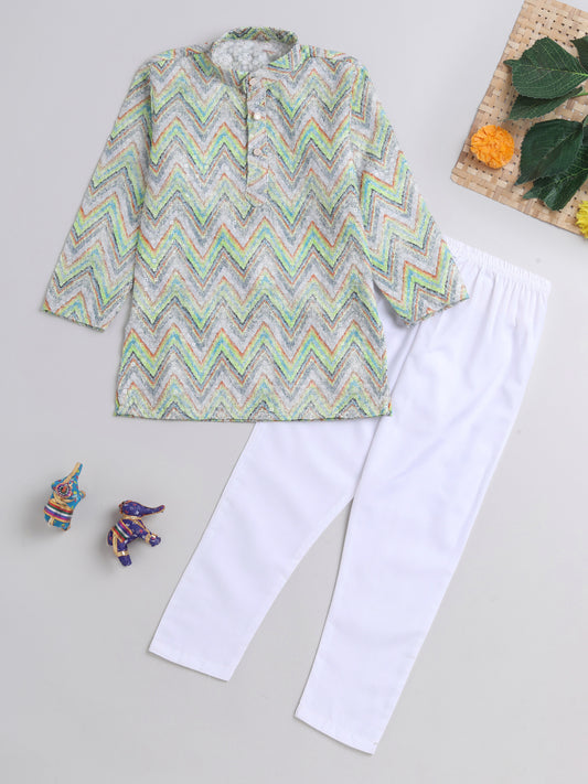 Full Sleeves Sequined Embroidered Kurta Pyjama Set For Boys-Green