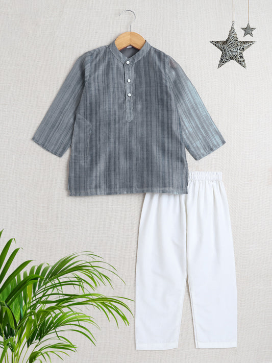 Full Sleeves Chanderi Kurta Set-Grey