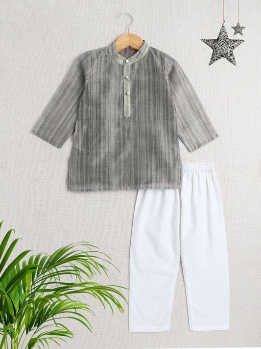 Full Sleeves Chanderi Kurta Set-Gray