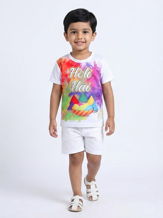 The Magic Wand Holi Hai Printed Colourful Holi Special T-shirts For Kids-White