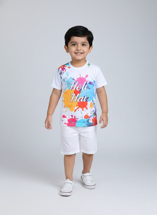 The Magic Wand Holi Hai Printed Colourful Holi Special T-shirts For Kids-White
