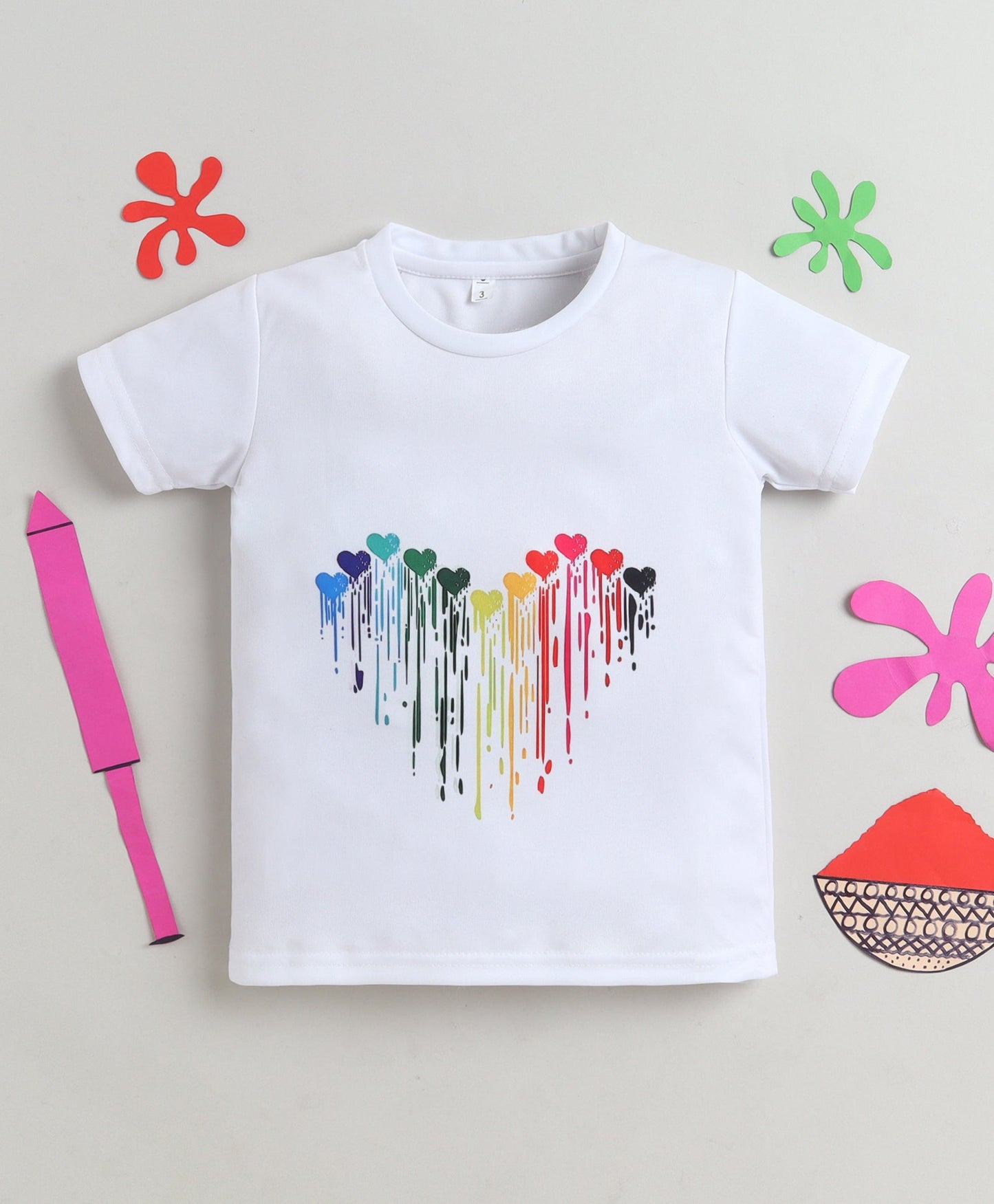 The Magic Wand Vibrant Holi Color Heart Printed T-Shirt - White