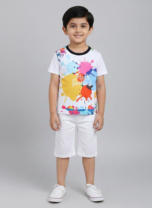 The Magic Wand Holi Festival Printed Colourful Holi Special T-shirts For Kids-White