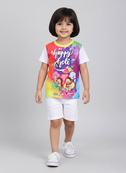 The Magic Wand Happy Holi Printed Colourful Holi Special T-shirts For Kids-White