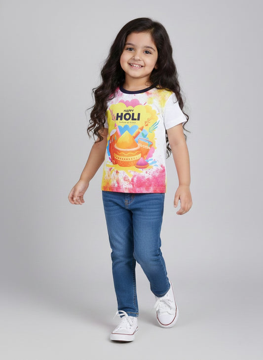 The Magic Wand Happy Holi Printed Colourful Holi Special T-shirts For Kids-Yellow
