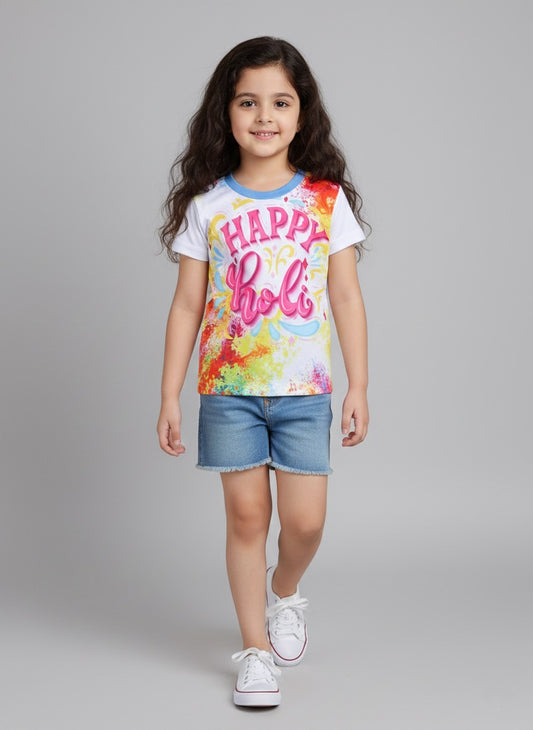 The Magic Wand Happy Holi Printed Colourful Holi Special T-shirts For Kids-White