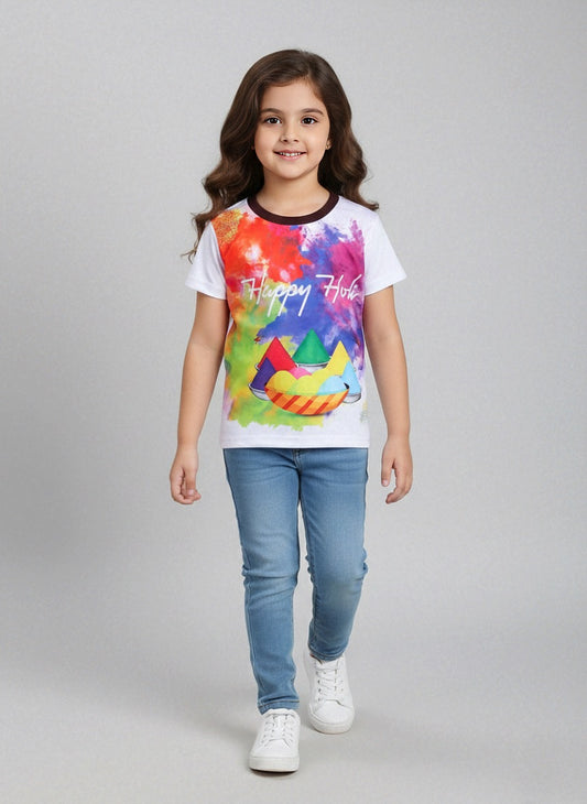 The Magic Wand Happy Holi Printed Colourful Holi Special T-shirts For Kids-Blue