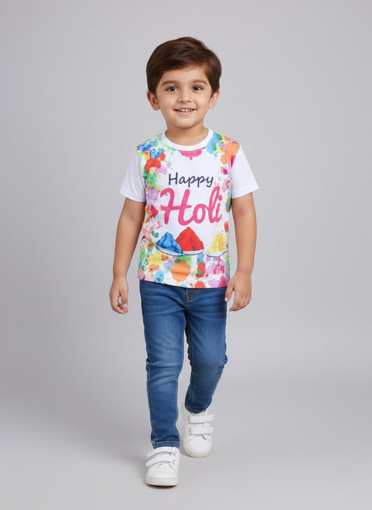 The Magic Wand Holi Festival Printed Colourful Holi Special T-shirts For Kids-Multi