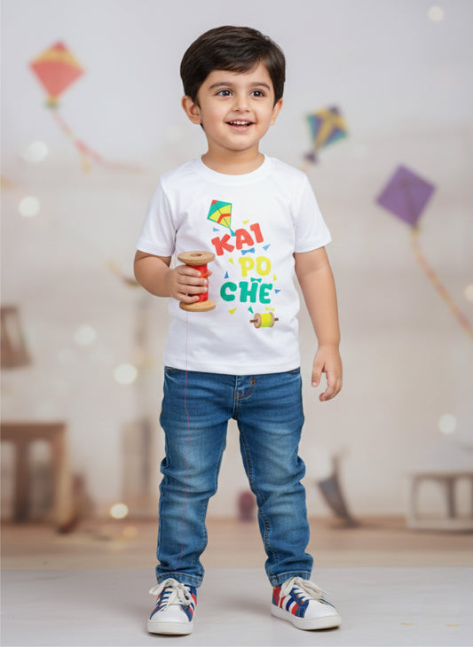 Makar Sankranti Festival Theme Kai Po Che Printed Colourfull T-shirts -White