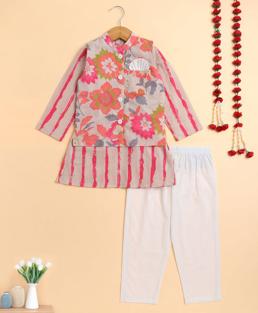 The Magic Wand Cambric Cotton woven Full Sleeves Floral Printed Kurta Pyjama With Modi Jacket -Beige