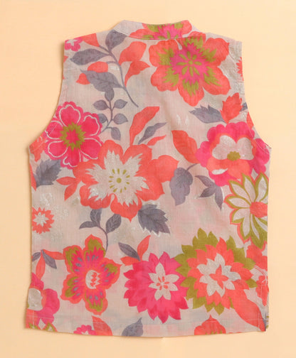The Magic Wand Cambric Cotton woven Full Sleeves Floral Printed Kurta Pyjama With Modi Jacket -Beige