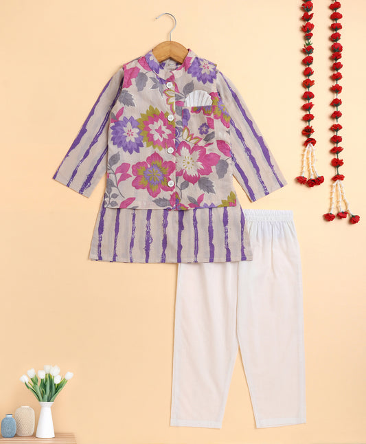 The Magic Wand Cambric Cotton Floral Printed Kurta Pyjama Modi Jacket -Beige