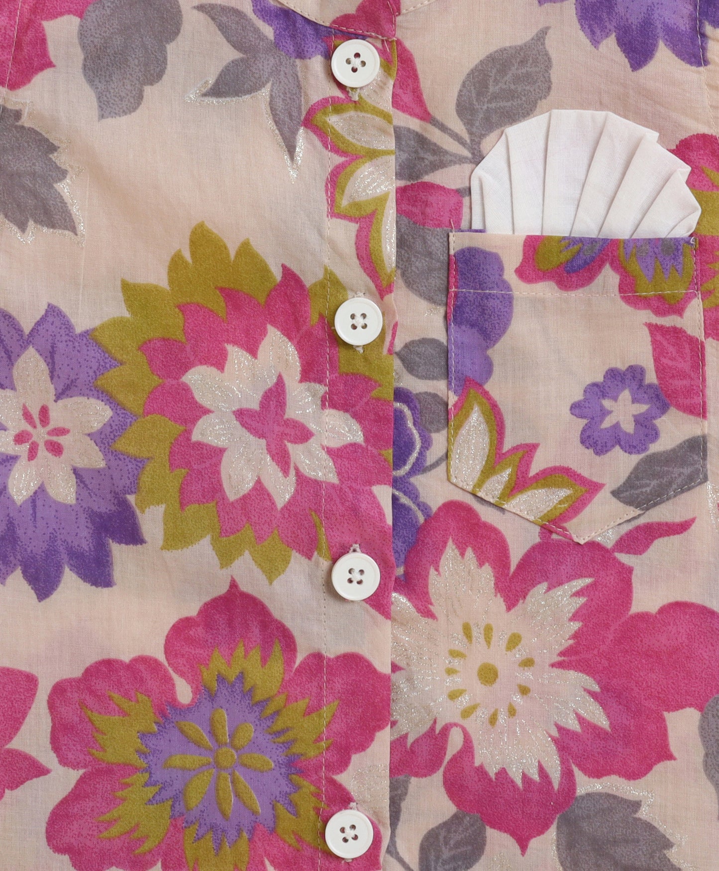 The Magic Wand Cambric Cotton Floral Printed Kurta Pyjama Modi Jacket -Beige