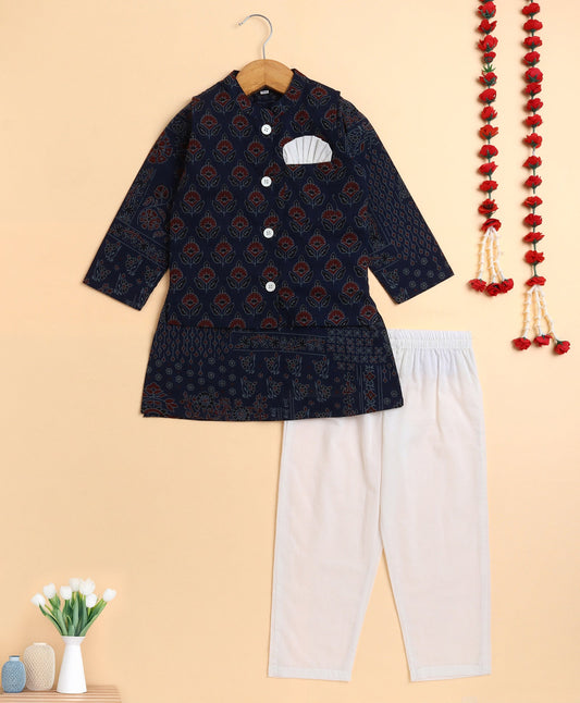 The Magic Wand Cambric Cotton woven Full Sleeves Floral Printed Kurta Pyjama With Modi Jacket - Navy Blue