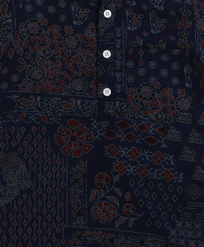 The Magic Wand Cambric Cotton woven Full Sleeves Floral Printed Kurta Pyjama With Modi Jacket - Navy Blue