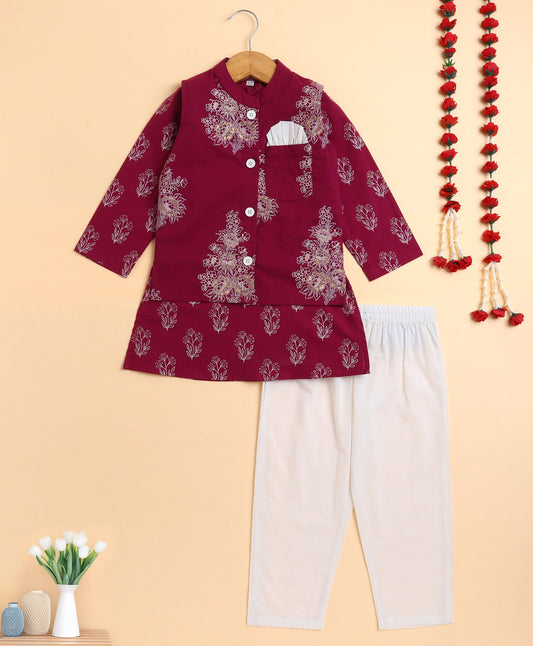 The Magic Wand Cambric Cotton woven Full Sleeves Floral Printed Kurta Pyjama With Modi Jacket - Wine