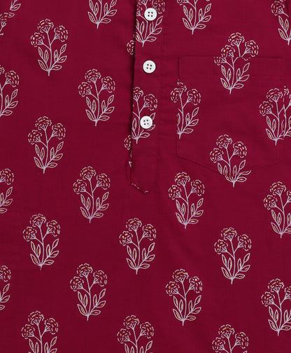 The Magic Wand Cambric Cotton woven Full Sleeves Floral Printed Kurta Pyjama With Modi Jacket - Wine