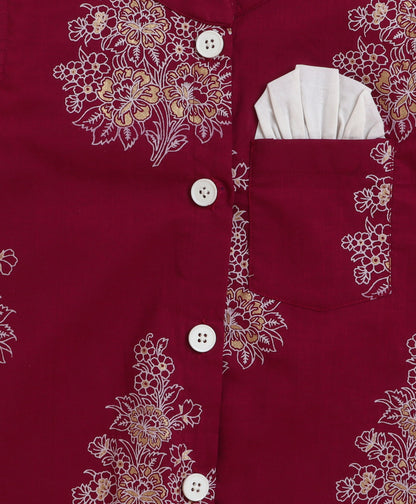 The Magic Wand Cambric Cotton woven Full Sleeves Floral Printed Kurta Pyjama With Modi Jacket - Wine