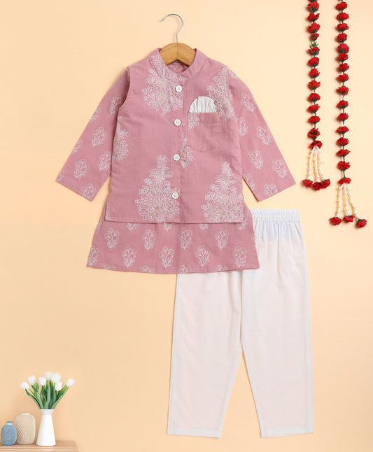 The Magic Wand Cambric Cotton woven Full Sleeves Floral Printed Kurta Pyjama With Modi Jacket - Pink 