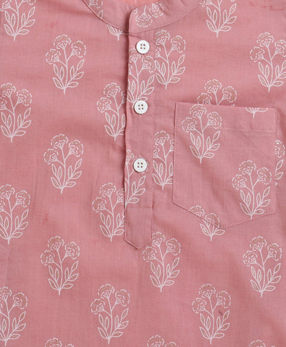 The Magic Wand Cambric Cotton woven Full Sleeves Floral Printed Kurta Pyjama With Modi Jacket - Pink 