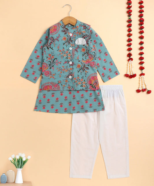 The Magic Wand Cambric Cotton woven Full Sleeves Floral Printed Kurta Pyjama With Modi Jacket - Sea Green