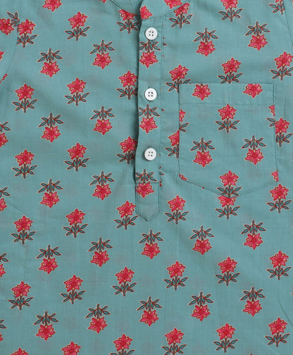 The Magic Wand Cambric Cotton woven Full Sleeves Floral Printed Kurta Pyjama With Modi Jacket - Sea Green